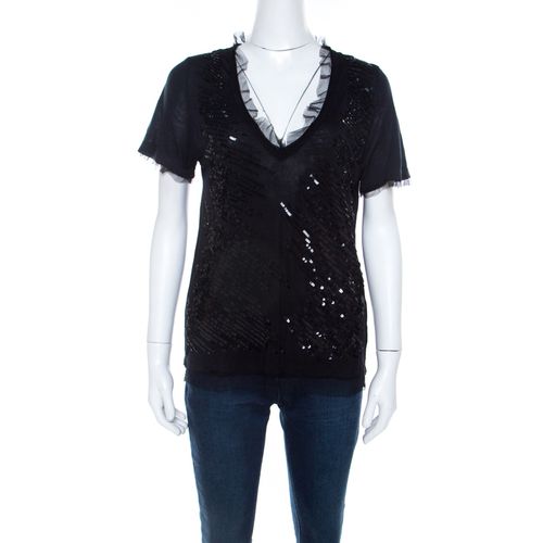 RED Valentino Black Knit Sequined Lace Trim V Neck Top S - RED Valentino - Modalova