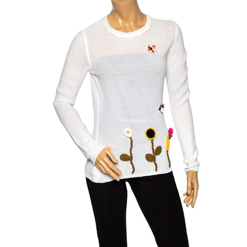 RED Valentino White Cotton Knit Floral Appliqued Long Sleeve Jumper M - RED Valentino - Modalova