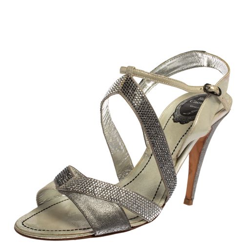 René Caovilla Silver/Grey Embellished Satin And Glitter Nubuck Leather Ankle Strap Sandals Size 39.5 - René Caovilla - Modalova