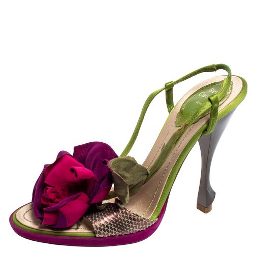 René Caovilla Multicolor Snakeskin Leather and Satin Flower Applique Slingback Sandals Size 37 - René Caovilla - Modalova