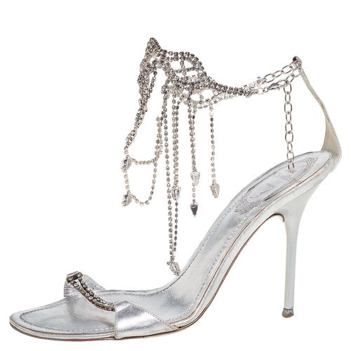 René Caovilla Silver Leather Floral Embellished Anklet Open Toe Sandals Size 37 - René Caovilla - Modalova