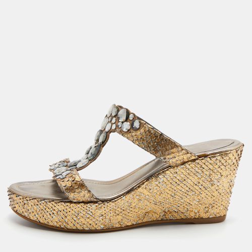 René Caovilla Gold Snakeskin Crystal Embellished Wedge Sandals Size 39 - René Caovilla - Modalova