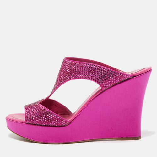 René Caovilla Pink Satin Crystal Embellished Wedge Slide Sandals Size 41 - René Caovilla - Modalova