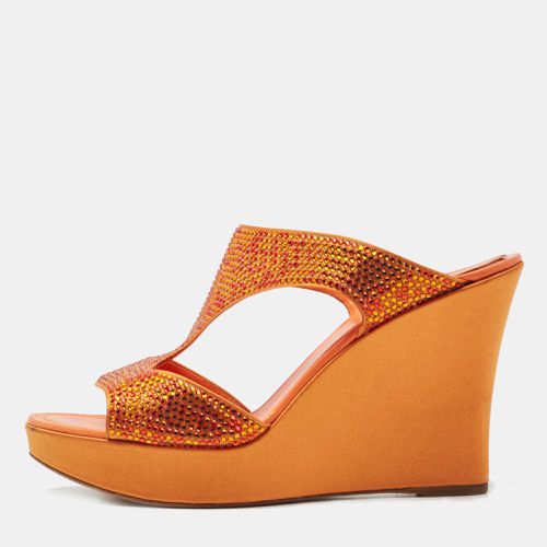 René Caovilla Orange Satin Crystal Embellished Wedge Slides Size 41 - René Caovilla - Modalova