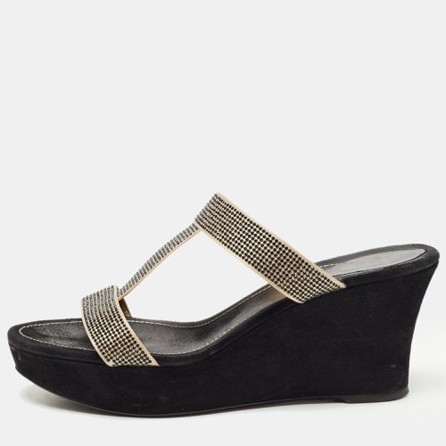 René Caovilla Gold/Black Crystal Embellished Satin Platform Wedge Slide Sandals Size 41 - René Caovilla - Modalova