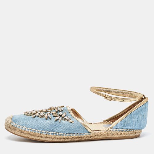 René Caovilla Blue Denim and Leather Trim Crystal Embellished Ankle Wrap Espadrille Flats Size 41 - René Caovilla - Modalova