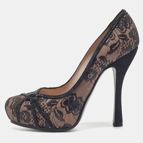 René Caovilla Black/Pink Lace and Leather Crystal Embellished Pumps Size 37 - René Caovilla - Modalova