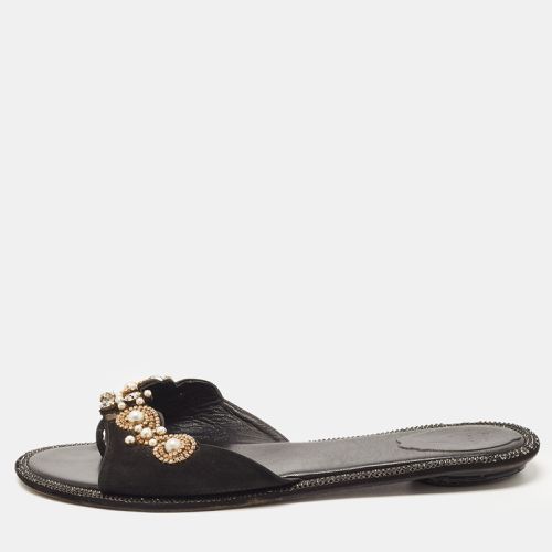 Rene Caovilla Black Suede Crystal Embellished Flat Slides Size 40 - René Caovilla - Modalova