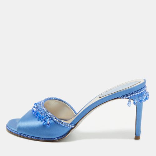 René Caovilla Blue Satin Crystal Embellished Slide Sandals Size 37 - René Caovilla - Modalova