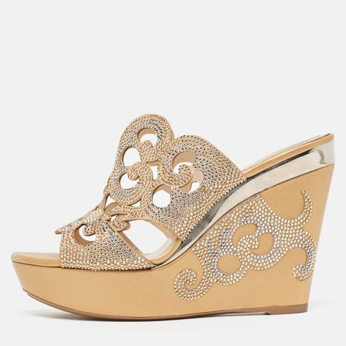 René Caovilla Gold/Beige Leather Lasercut Crystals Wedge Sandals Size 40 - René Caovilla - Modalova