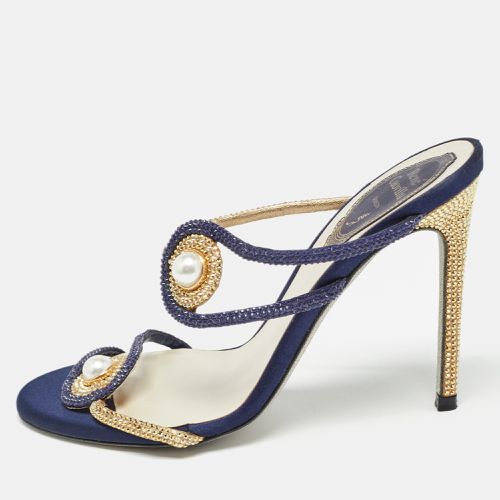 René Caovilla Blue/Gold Satin Crystals Embellished Slide Sandals Size 36 - René Caovilla - Modalova