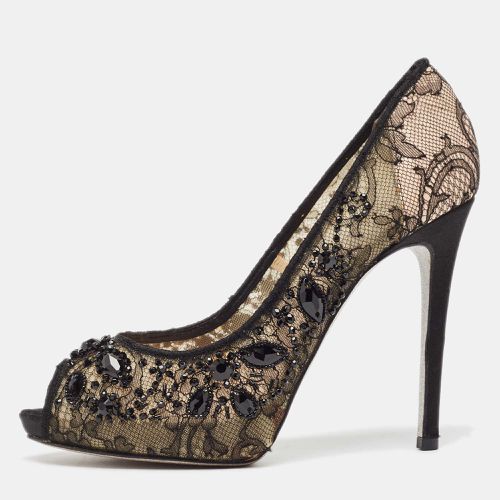 René Caovilla Black/Beige Lace and Mesh Peep Toe Pumps Size 37.5 - René Caovilla - Modalova