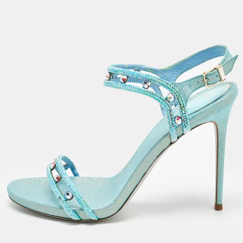 René Caovilla Metallic Blue Leather and Crystal Embellished Ankle Strap Sandals Size 39 - René Caovilla - Modalova