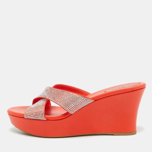 René Caovilla Orange Satin Crystal Embellished Platform Wedge Sandals Size 39 - René Caovilla - Modalova