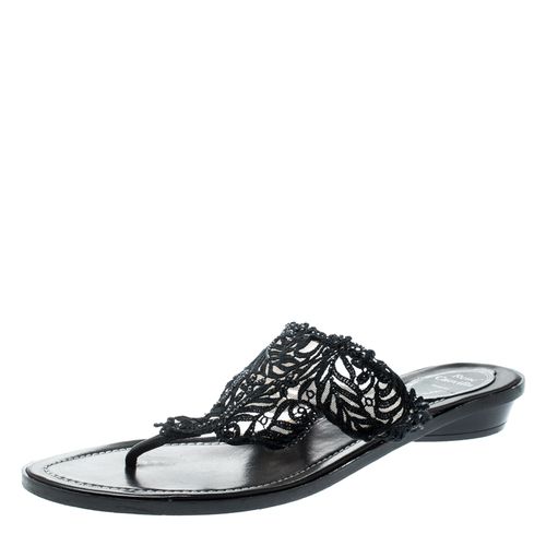 Rene Caovilla Black Crystal Embellished Lace And Leather Flat Thong Sandals Size 39 - René Caovilla - Modalova