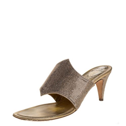 Rene Caovilla Metallic Gold Satin Crystal Embellished Slide Sandals Size 38 - René Caovilla - Modalova