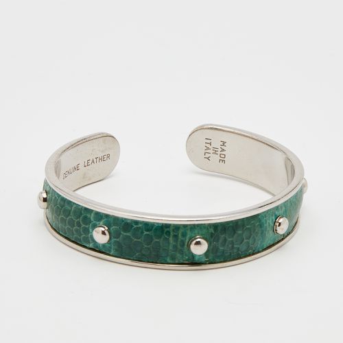 Tod's Silver Tone Green Embossed Leather Studded Narrow Cuff Bracelet - Tod's - Modalova