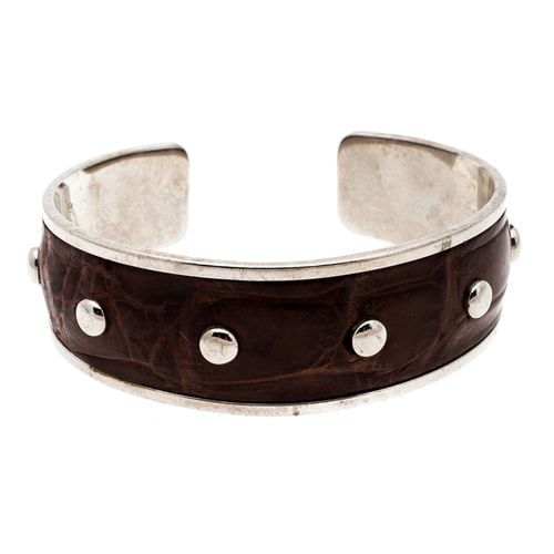 Tod's Dark Brown Embossed Leather Studded Silver Tone Narrow Cuff Bracelet - Tod's - Modalova