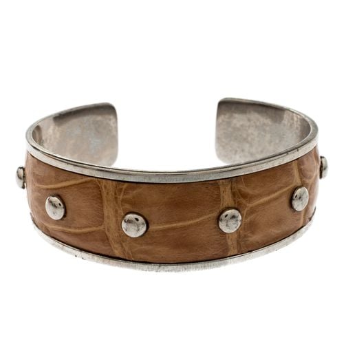 Tod's Tan Embossed Leather Studded Silver Tone Narrow Cuff Bracelet - Tod's - Modalova