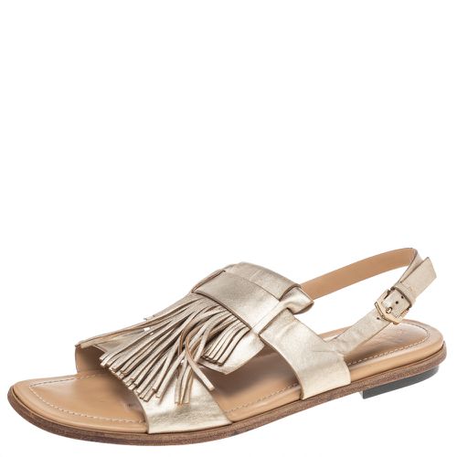 Tod's Metallic Gold Leather Fringe Slingback Flat Sandals Size 37 - Tod's - Modalova