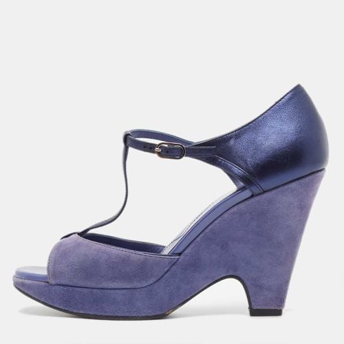 Tod's Blue Suede and Leather T-Bar Wedge Sandals Size 39.5 - Tod's - Modalova