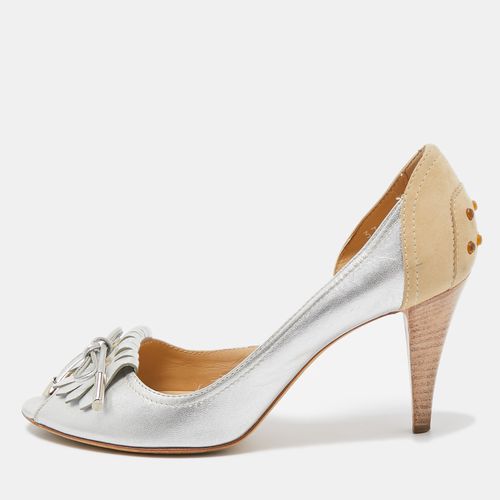 Tod's Silver/Beige Leather and Suede Peep Toe Dosary Pumps Size 37 - Tod's - Modalova