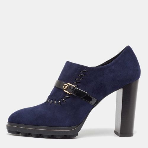 Tod's Navy Blue/Black Suede And Patent Leather Whipstitch Detail Ankle Booties Size 40.5 - Tod's - Modalova