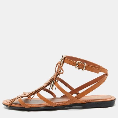 Tod's Tan Leather Fringe Logo Bow Flat Sandals Size 38.5 - Tod's - Modalova