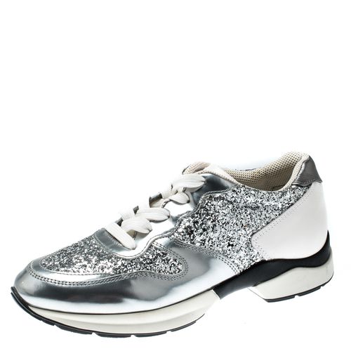 Tod's Metallic Silver Glitter And Leather Sportivo Lace Up Sneakers Size 36 - Tod's - Modalova