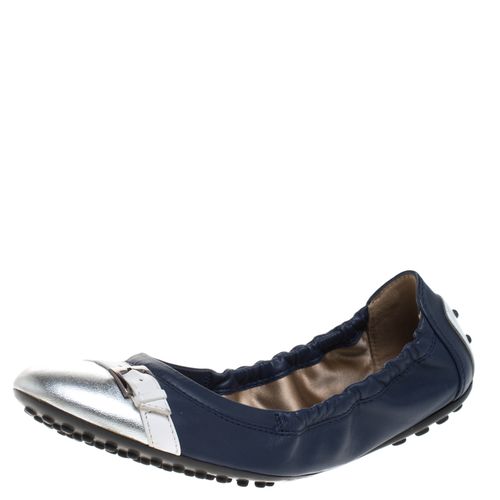 Tod's Blue/Silver Leather Cap Toe Scrunch Ballet Flats Size 36.5 - Tod's - Modalova