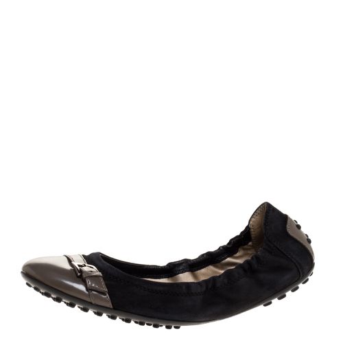 Tod's Black/Grey Leather and Suede Buckle Detail Scrunch Ballet Flats Size 36 - Tod's - Modalova