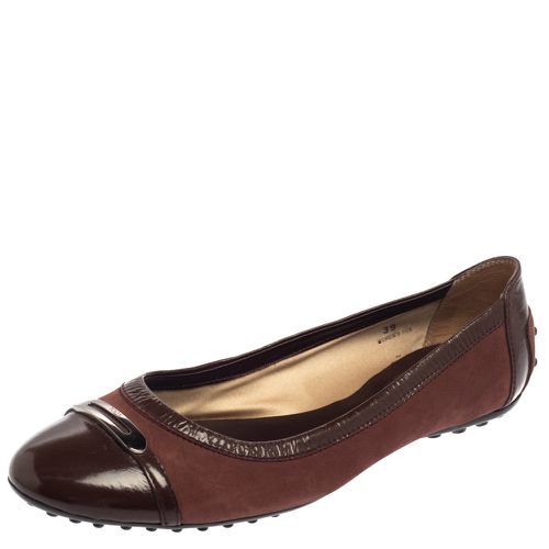 Tod's Two Tone Brown Suede and Patent Leather Cap Toe Ballet Flats Size 39 - Tod's - Modalova