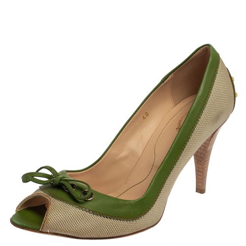 Tod's Beige/Green Canvas And Leather Peep Toe Slip On Pumps Size 40 - Tod's - Modalova