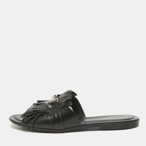 Tod's Black Leather Fringed Double T Buckle Flat Slides Size 40 - Tod's - Modalova