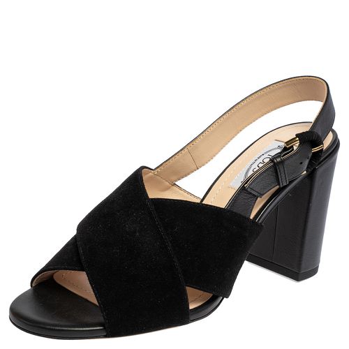 Tod's Black Suede and Leather Crisscross Block Heel Slingback Sandals Size 37.5 - Tod's - Modalova