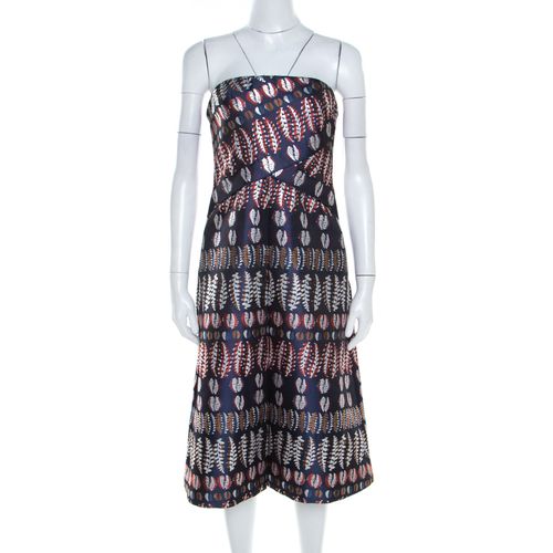 Tory Burch Navy Blue Lurex Fern Patterned Pleated Bodice Strapless Dress S - Tory Burch - Modalova