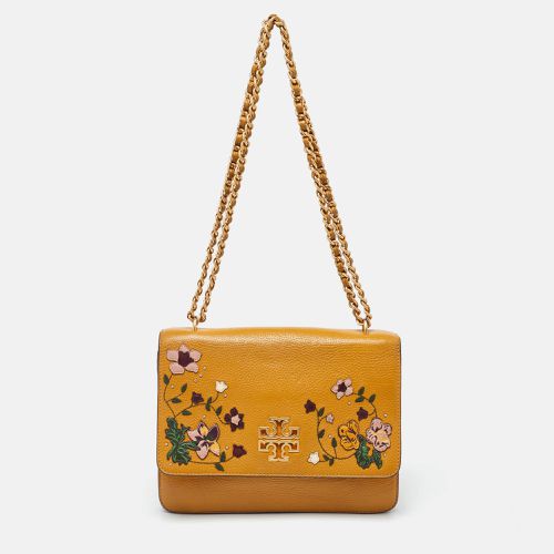 Mustard Leather Britten Floral Applique Flap Bag - Tory Burch - Modalova