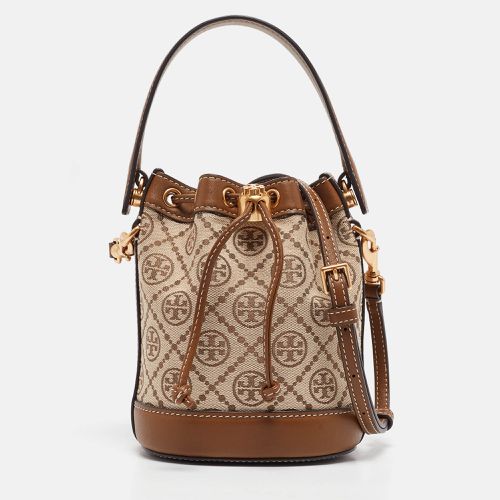 Tory Burch Brown/Beige Canvas and Leather Mini T Monogram Bucket Bag - Tory Burch - Modalova