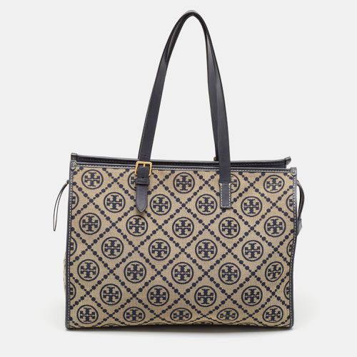 Tory Burch Navy Blue Canvas and Leather T Monogram Tote - Tory Burch - Modalova