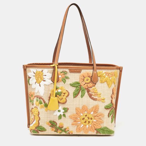 Tory Burch Brown/Beige Leather and Straw Embroidered Perry Shopper Tote - Tory Burch - Modalova