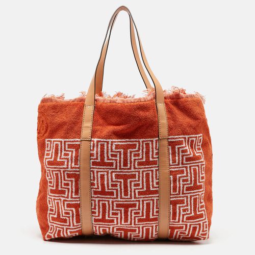 Tory Burch Orange/White Terry Cloth and Leather Printed Tote - Tory Burch - Modalova