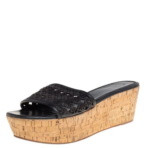 Tory Burch Black Laser Cut Leather Slide Wedge Sandals Size 40.5 - Tory Burch - Modalova