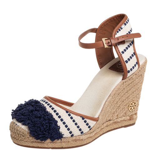 Tory Burch Multicolor Canvas And Leather Trim Wedge Espadrille Ankle Strap Sandals Size 40 - Tory Burch - Modalova