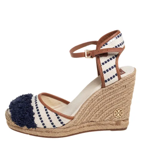 Canvas And Leather Trim Wedge Espadrille Ankle Strap Sandals Size 40 - Tory Burch - Modalova