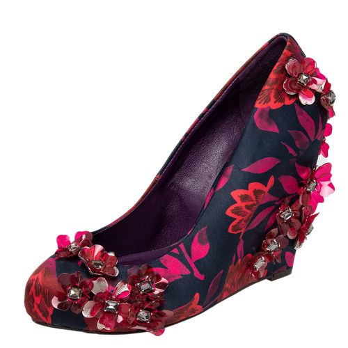 Tory Burch Red/Black Floral Print Satin Elmira Wedge Pumps Size 36.5 - Tory Burch - Modalova