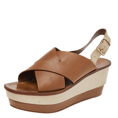 Tory Burch Brown/Beige Leather Platform Wedge Slingback Sandals Size 38.5 - Tory Burch - Modalova