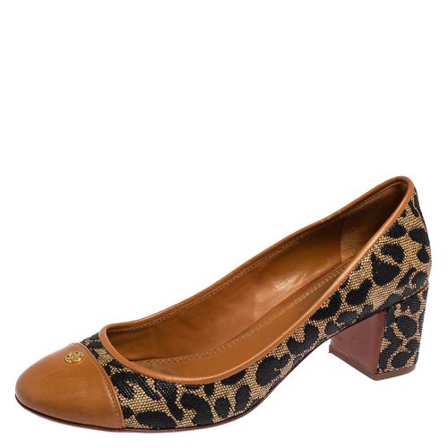 Tory Burch Brown/Beige Leopard Print Woven and Leather Raffia Ethel Block Heel Pumps Size 39 - Tory Burch - Modalova