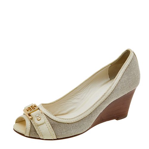 Tory Burch Grey/Cream Canvas And Leather Wedge Peep Toe Pumps Size 37.5 - Tory Burch - Modalova