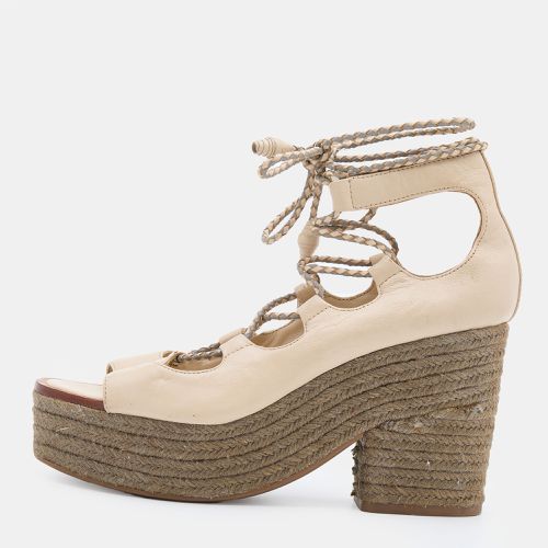 Tory Burch Beige Leather Positano Wedge Espadrille Ankle Wrap Pumps Size 39 - Tory Burch - Modalova