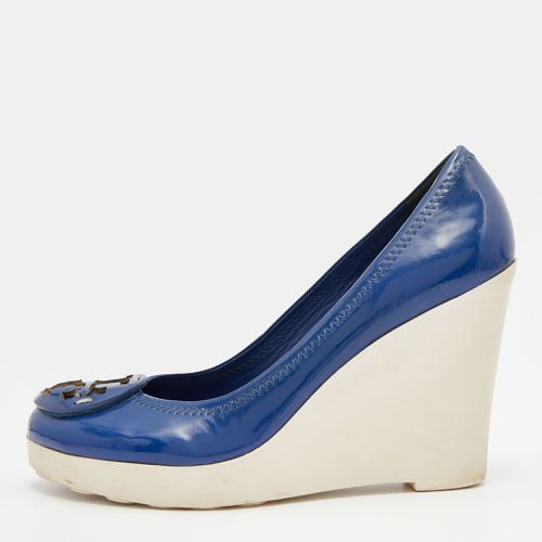 Tory Burch Navy Blue Patent Leather Logo Platform Wedge Pumps Size 37.5 - Tory Burch - Modalova